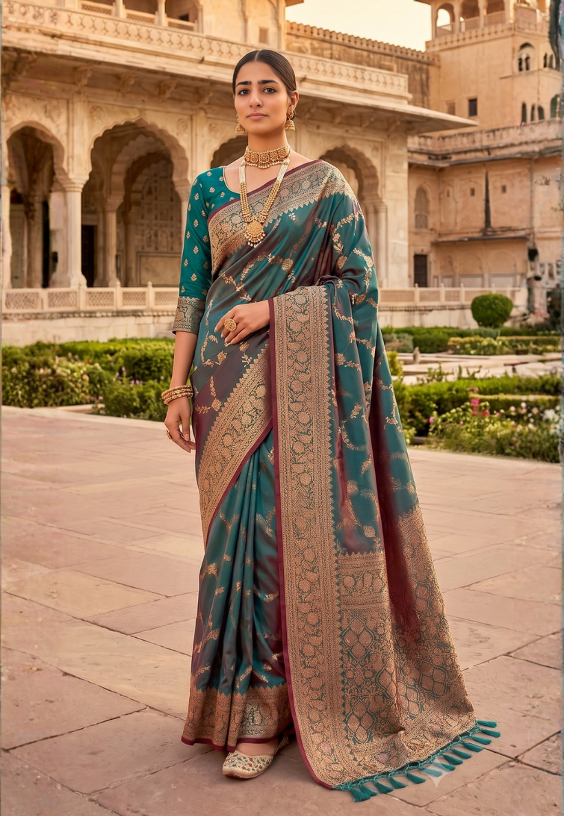 Banarasi style saree in multicolour shades of teal, and sea green with floral zari pattern