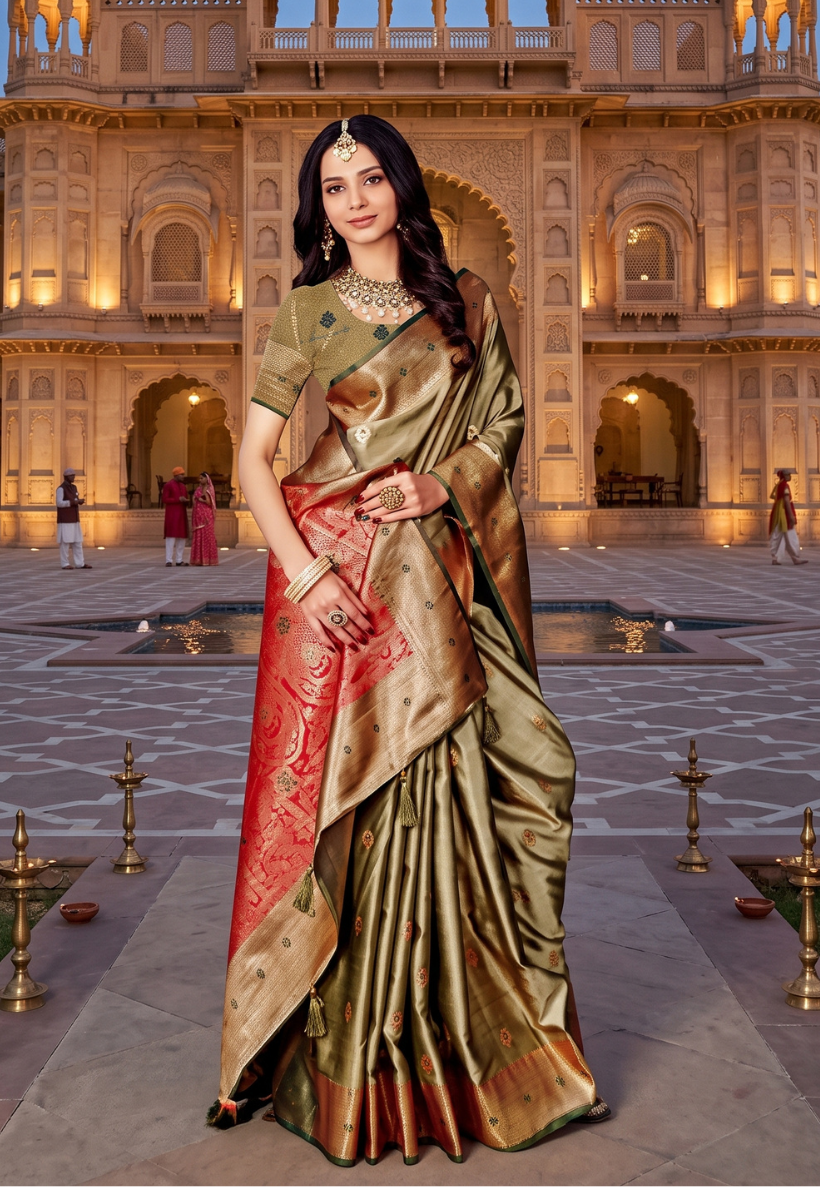 Olive green banarasi style saree with gold zariwork and deep coral paisley pallu
