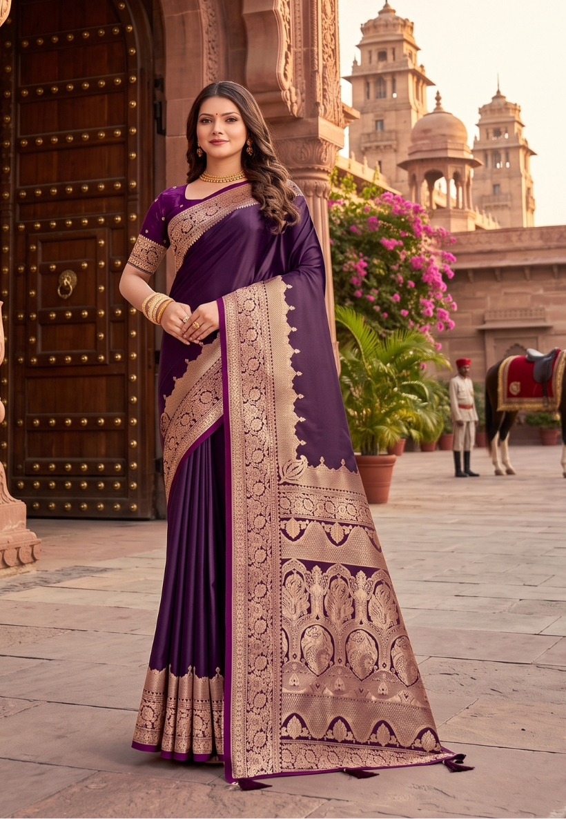 Deep wine banarasi silk saree featuring antique zari thread