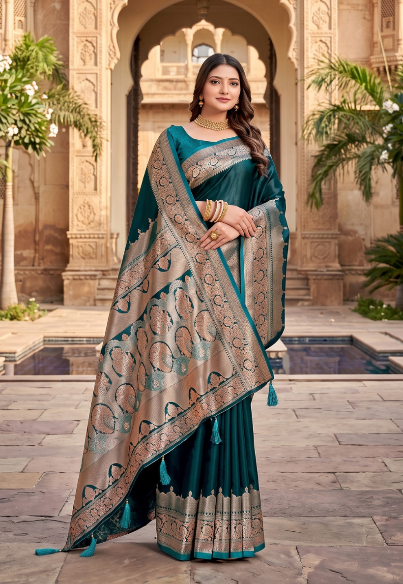 Olive green banarasi style saree featuring antique gold zari work
