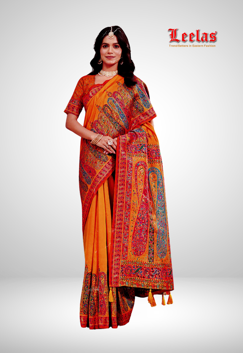 Deep orange art silk saree with brocade like paisley print