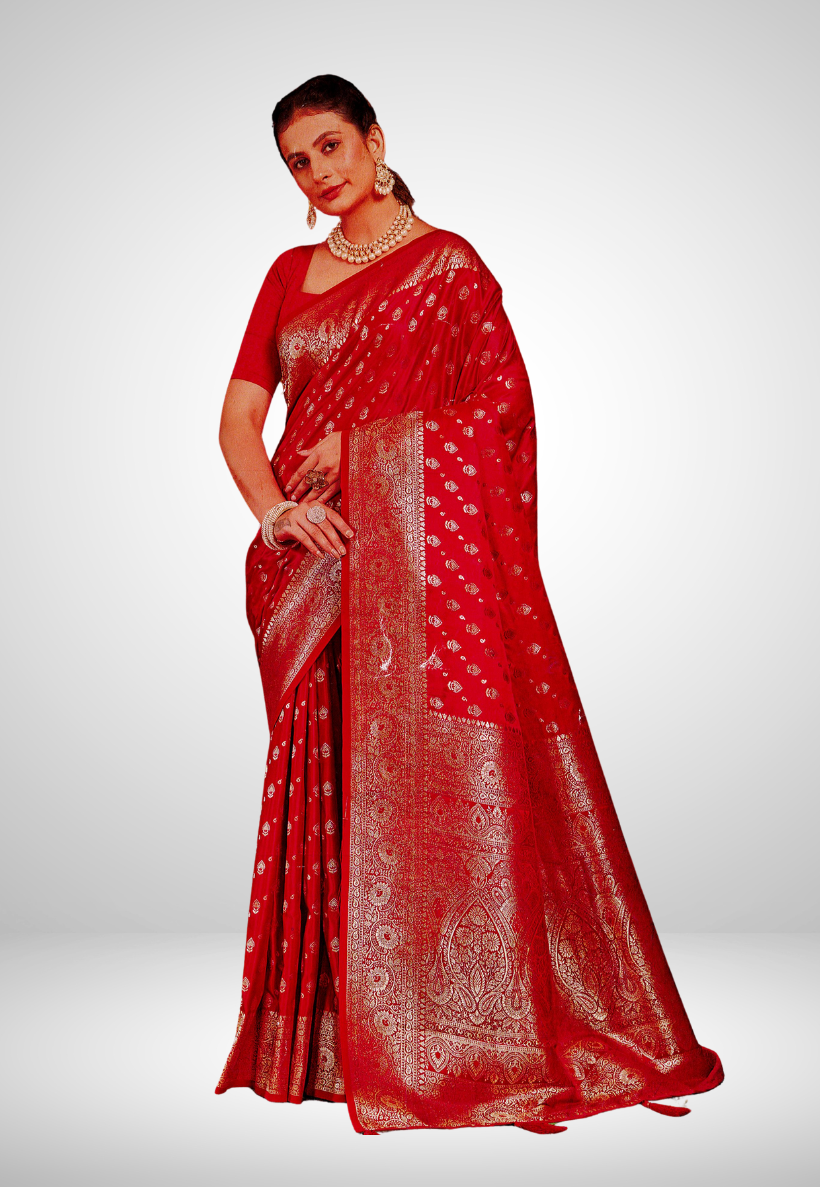 Red silk embossed saree with matching blouse piece