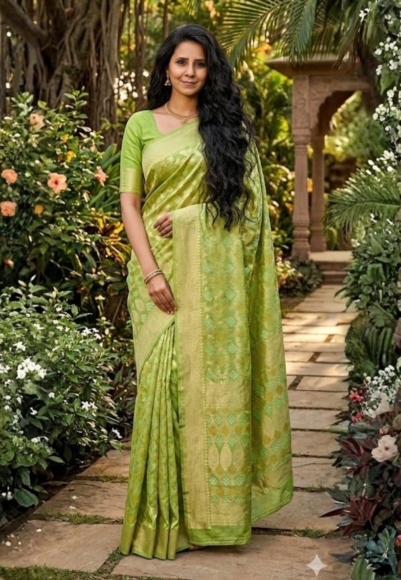 Parrot green bandhani print art silk saree with gold metallic zari thread work in a diamond pattern with floral motifs