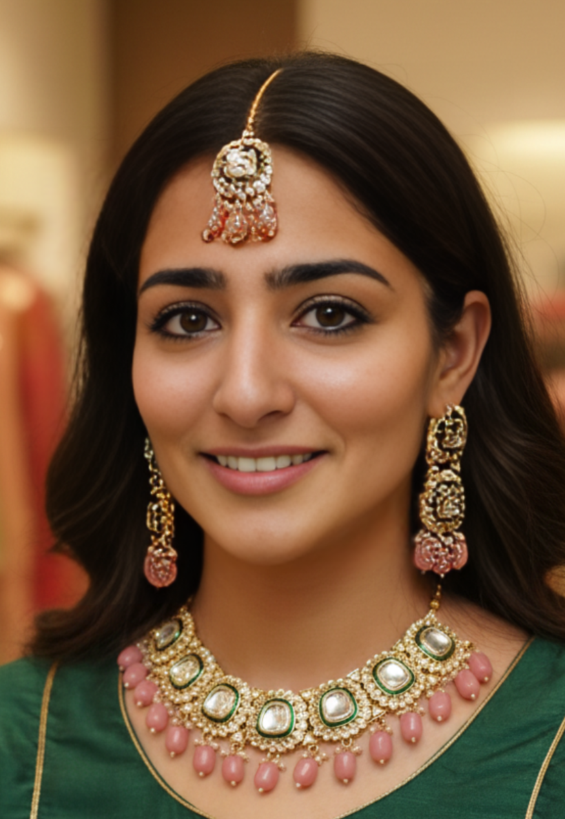 Traditional kundan style choker set with gold and dusty pink drops with green enamel work