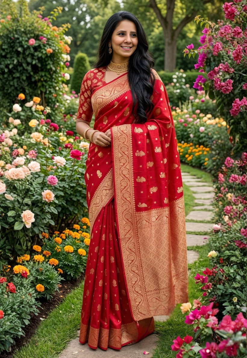 Red banarasi art silk saree with extensive gold zari work and broad border