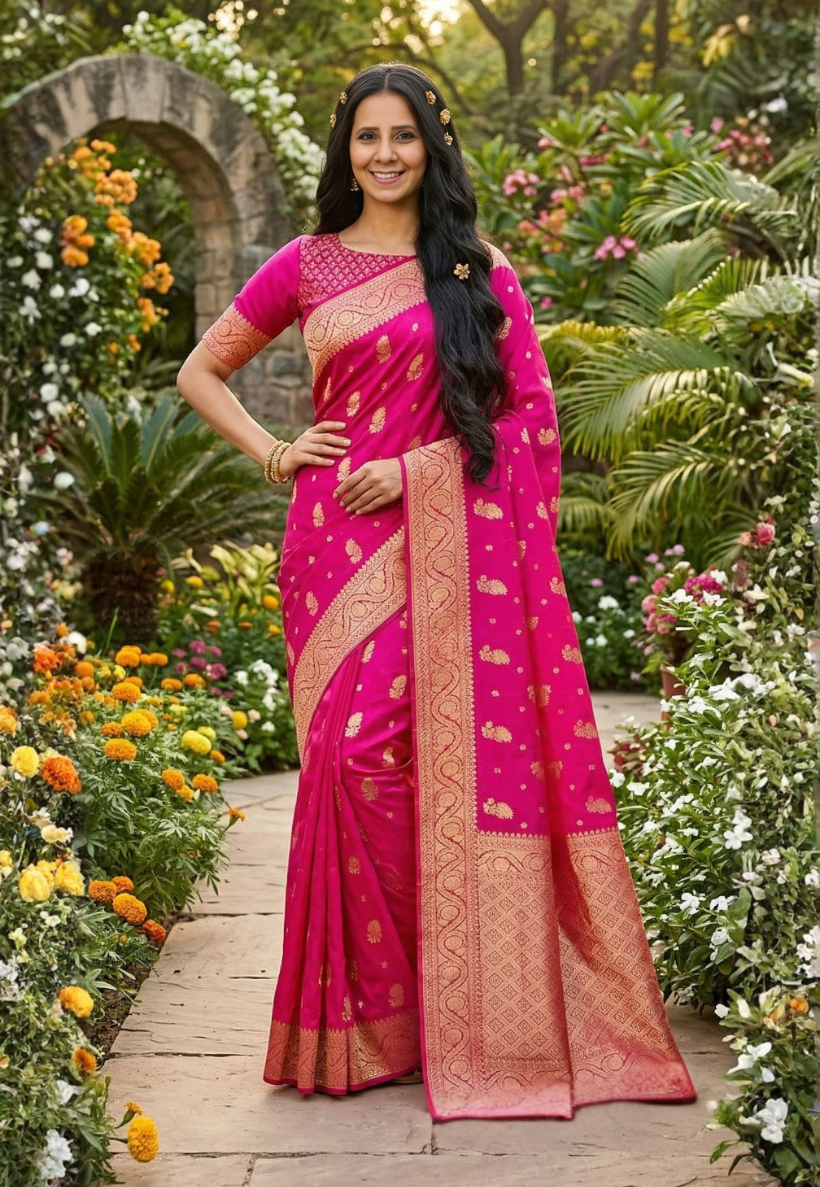Rani pink banarasi style saree with gold zari work and distinctive border