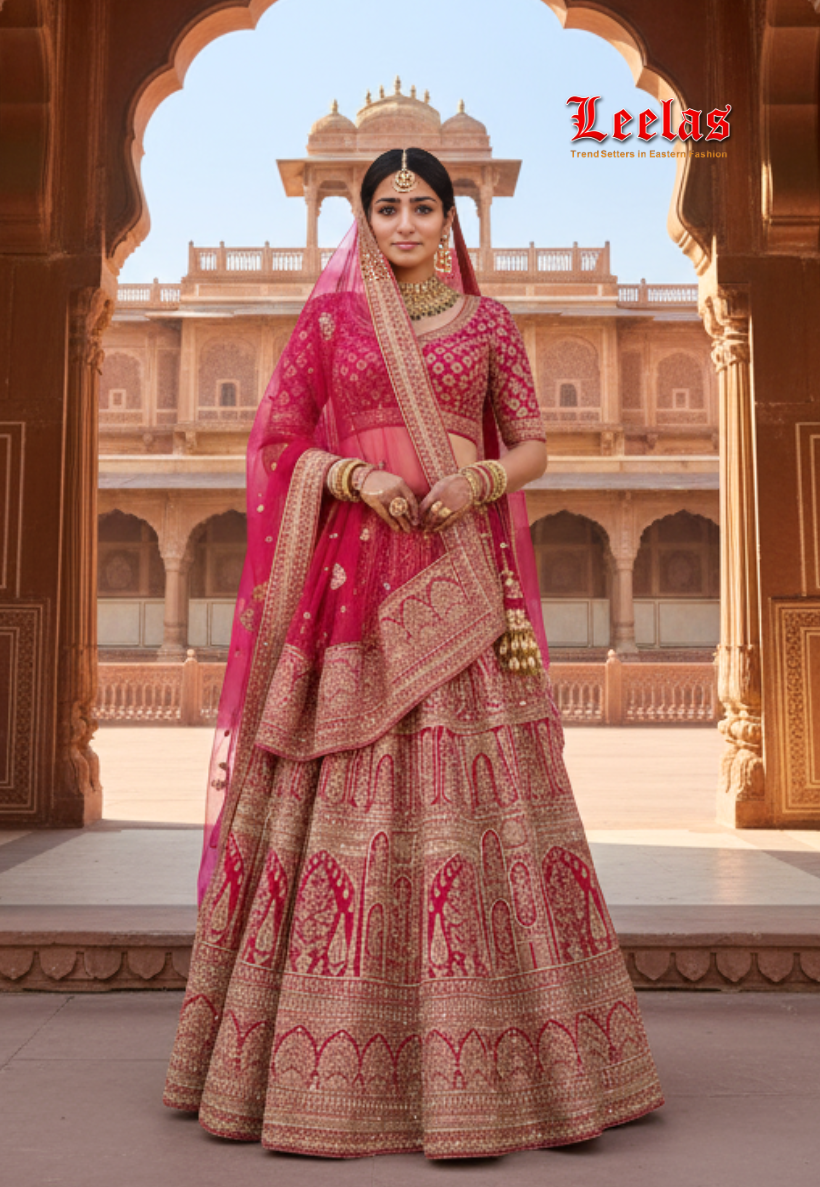 Red bridal semi-stitched lengha with intricate embroidery encompassing a blend of traditional and modern design with two matching dupattas