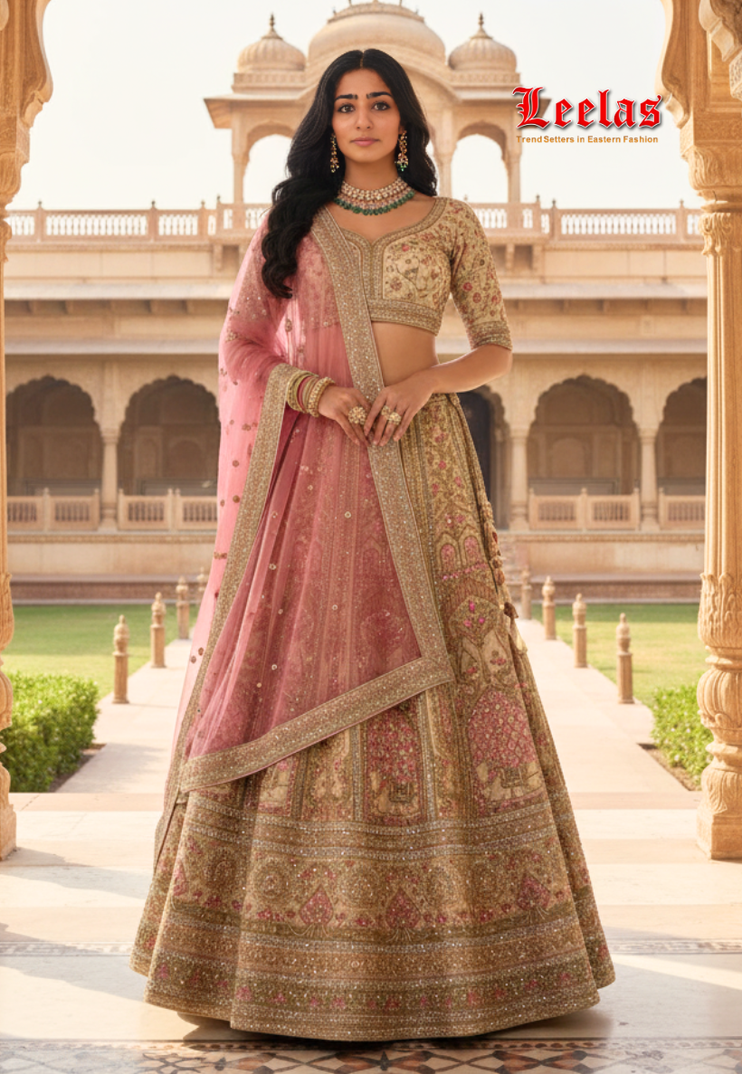 Dusty pink and cream silk semi-stitched bridal lengha with intricate embroidey and stone work