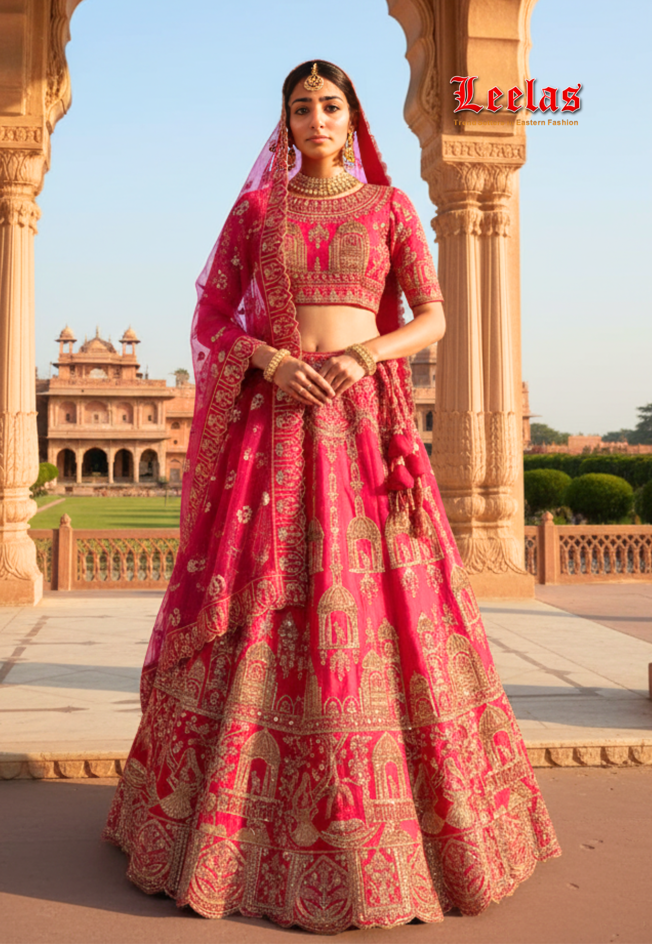 Cerise pink and gold bridal semi-stitched lengha adorned with full gold work on skirt and matching detail on the blouse piece with two matching dupattas