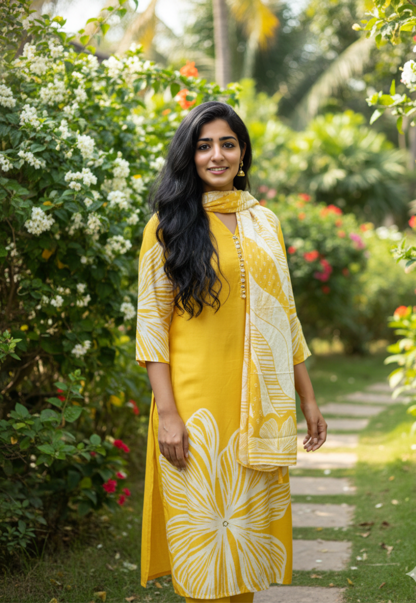 Deep yellow silk salwar kameez with abstract floral print, and bead work