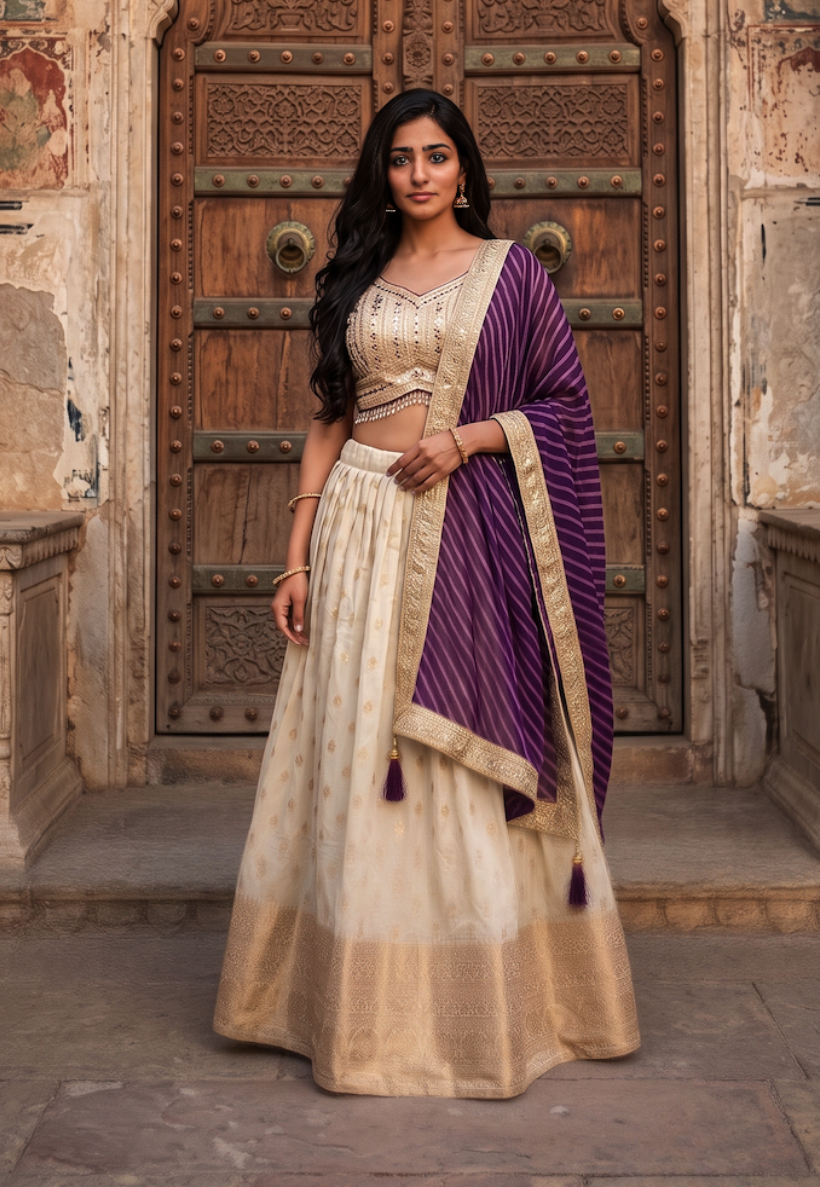 Off white stitched georgette lengha with intricate embroidery, sequins and mirror work with traditional purple bandhani style dupatta.