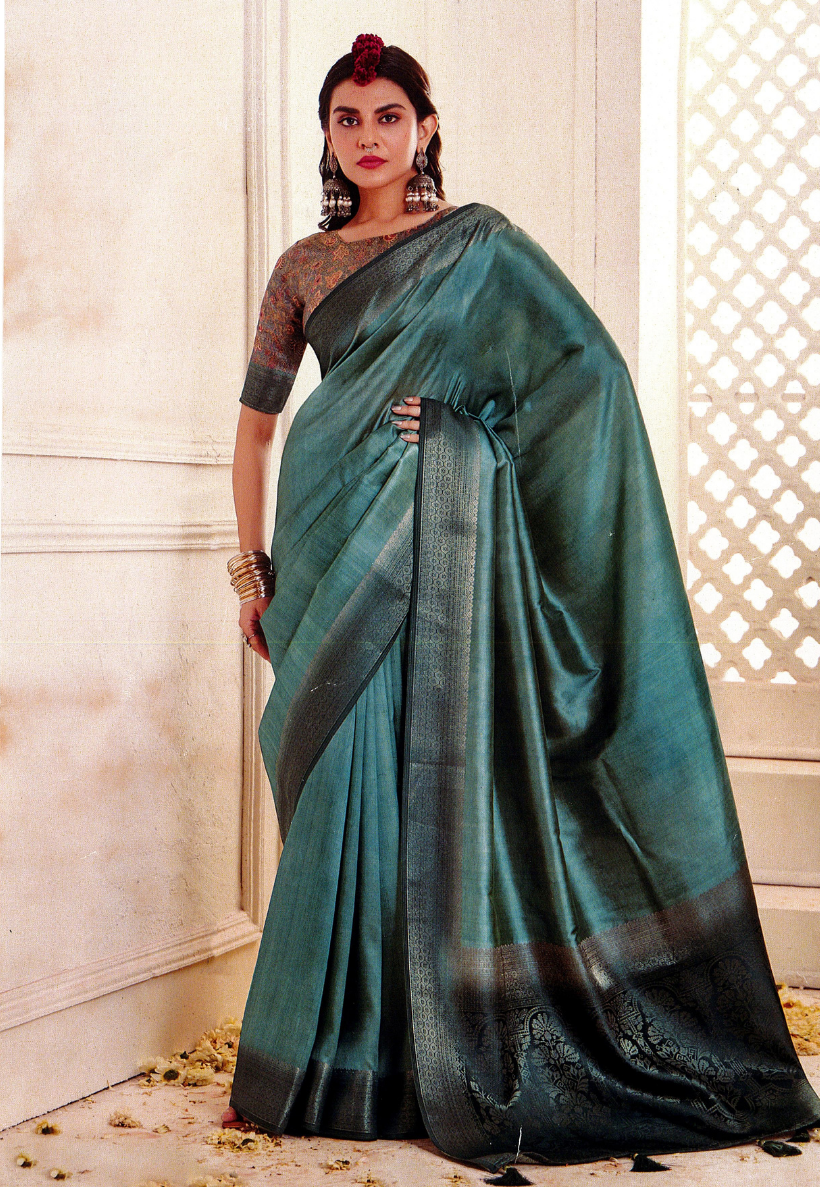 Charcoal grey banarasi art silk saree with zari work