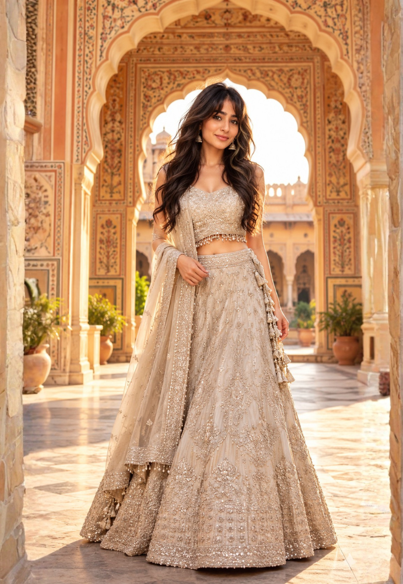 Champagne and gold ombre lengha with pearl, sequins and beadwork with matching blouse