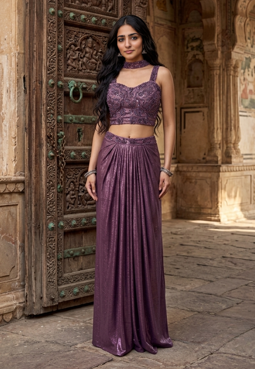 Dhoti inspired mauve Indo-Western skirt with intricate bead and sequins blouse