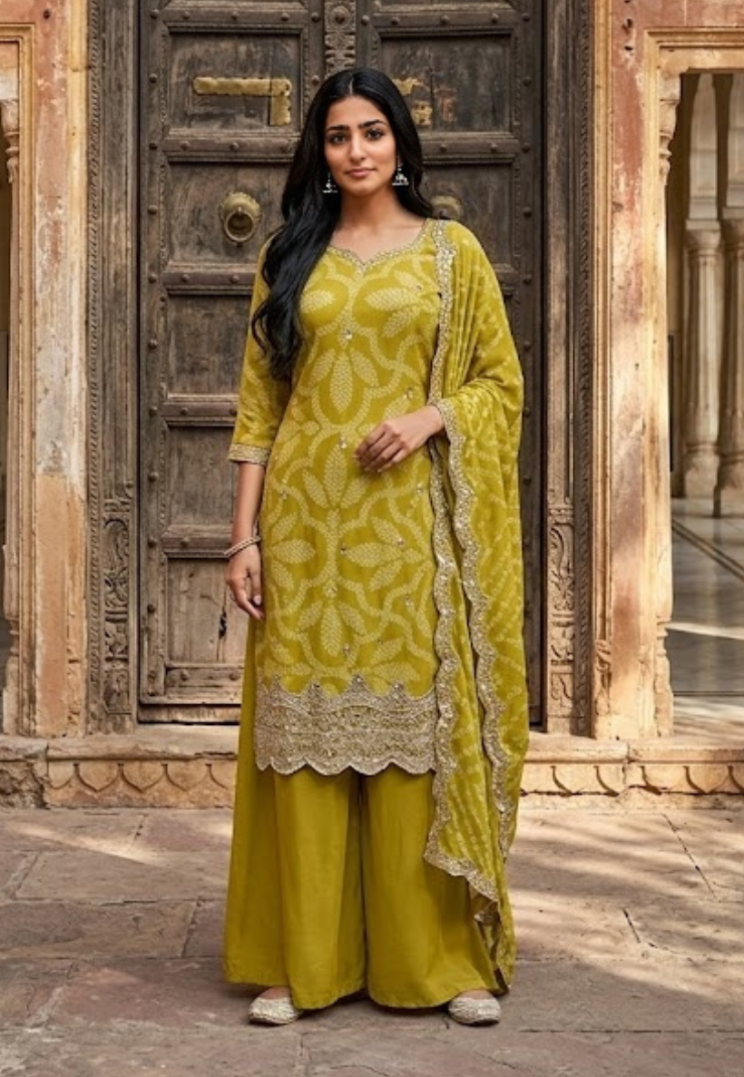 Lime green bandhini inspired salwar kameez with pants and scarf
