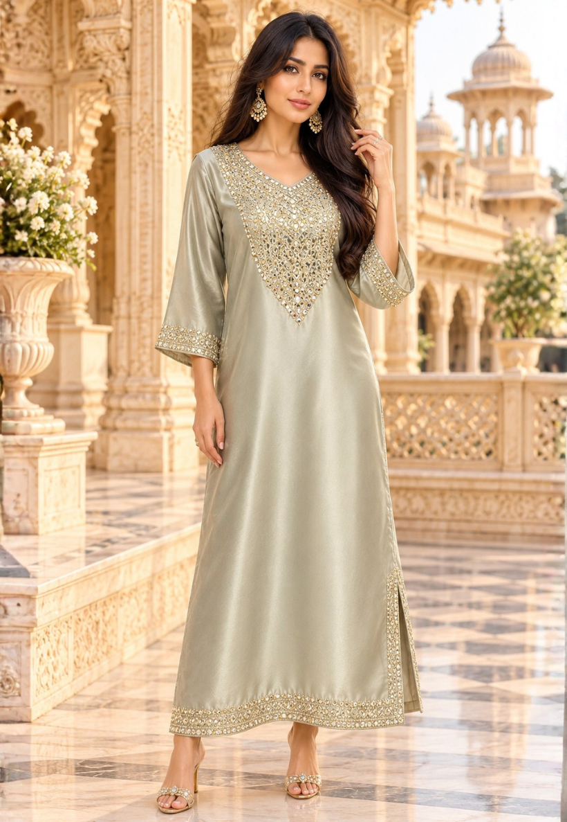 Champagne kurti set with mirrorwork