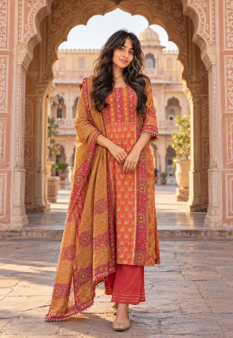 Mustard and orange stonework salwar kameez with pantS