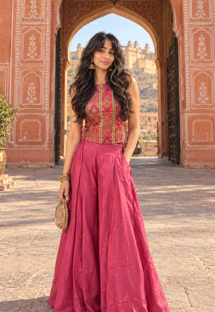 Dusty pink Indo Western outfit with intricate bead and sequins top