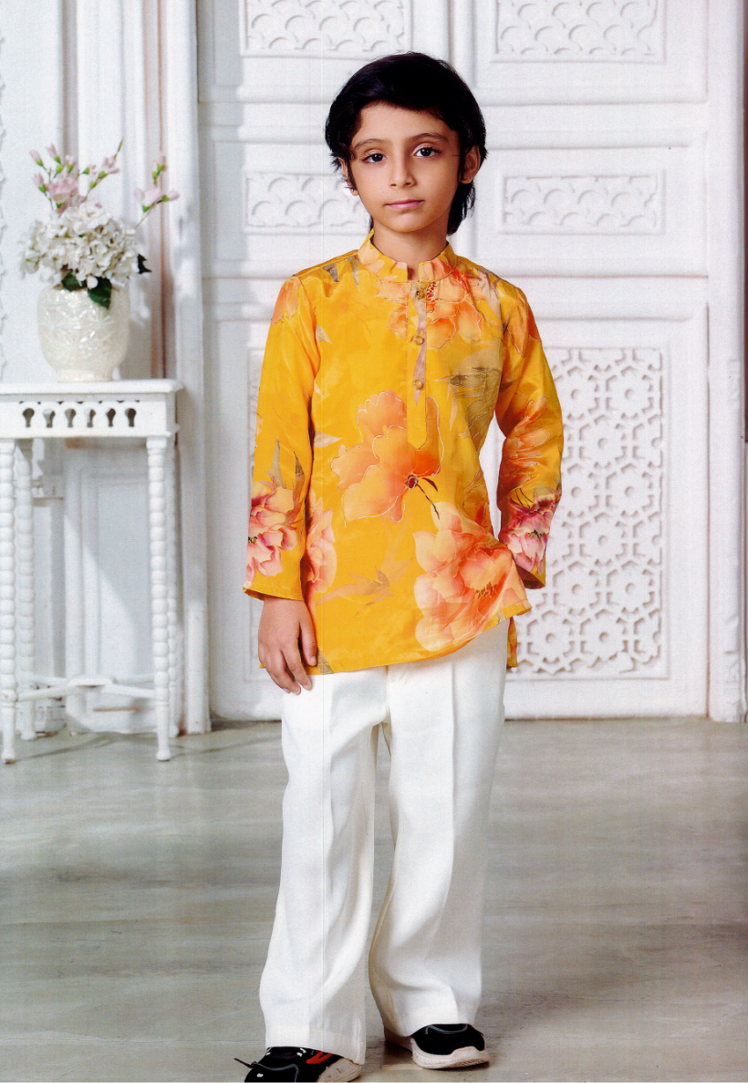 Boys kurta set with cream pants and floral yellow top