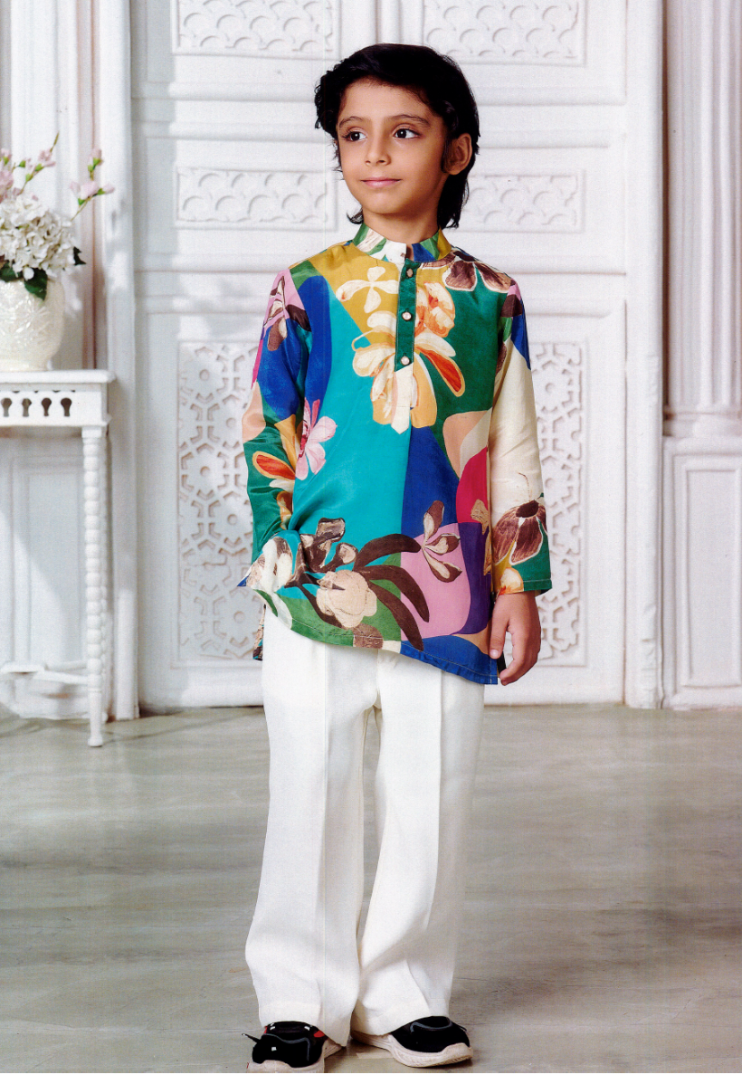 Boys kurta set with cream pants and multi-colour floral top