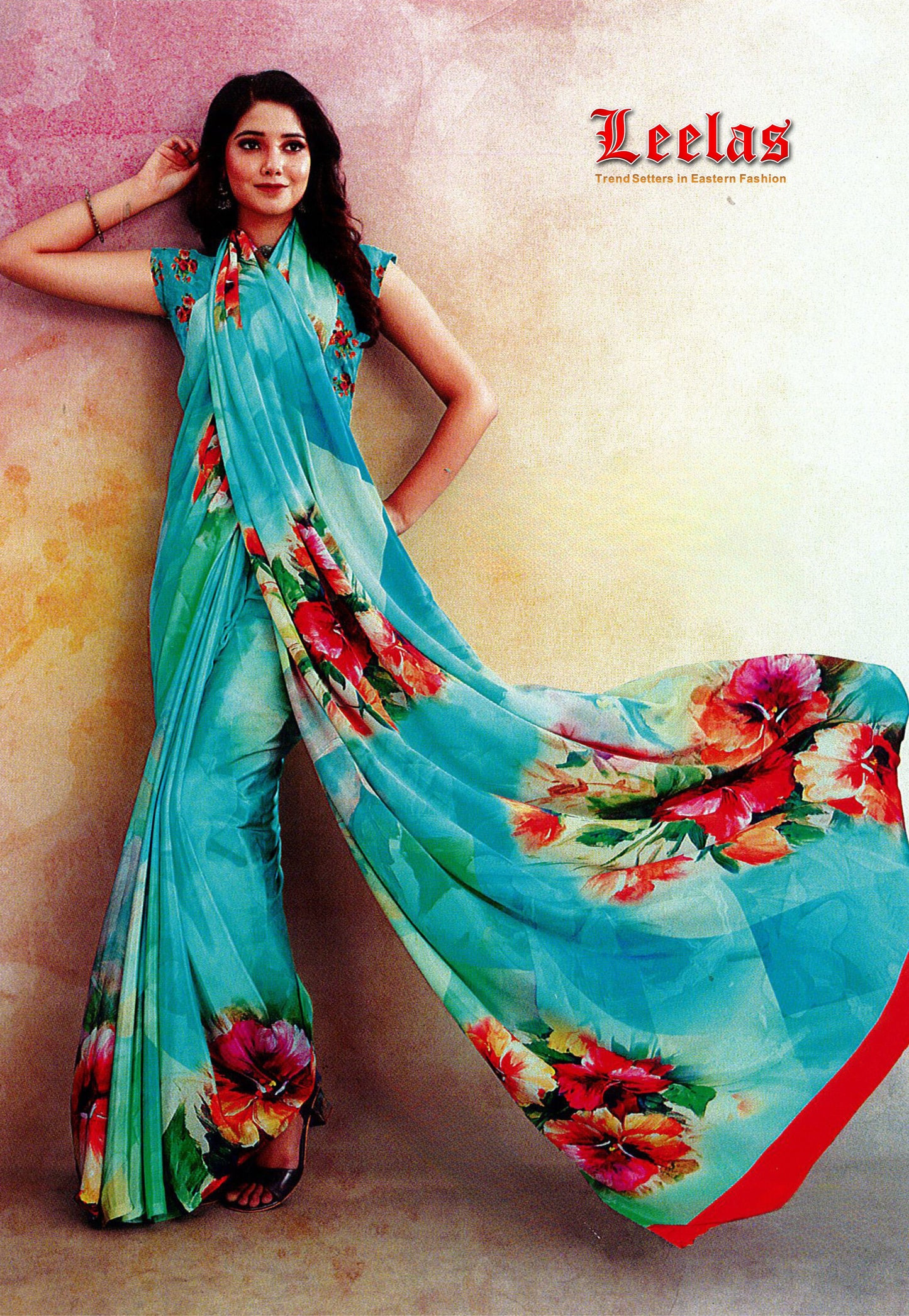 Light green and turquoise and red floral printed crepe silk saree