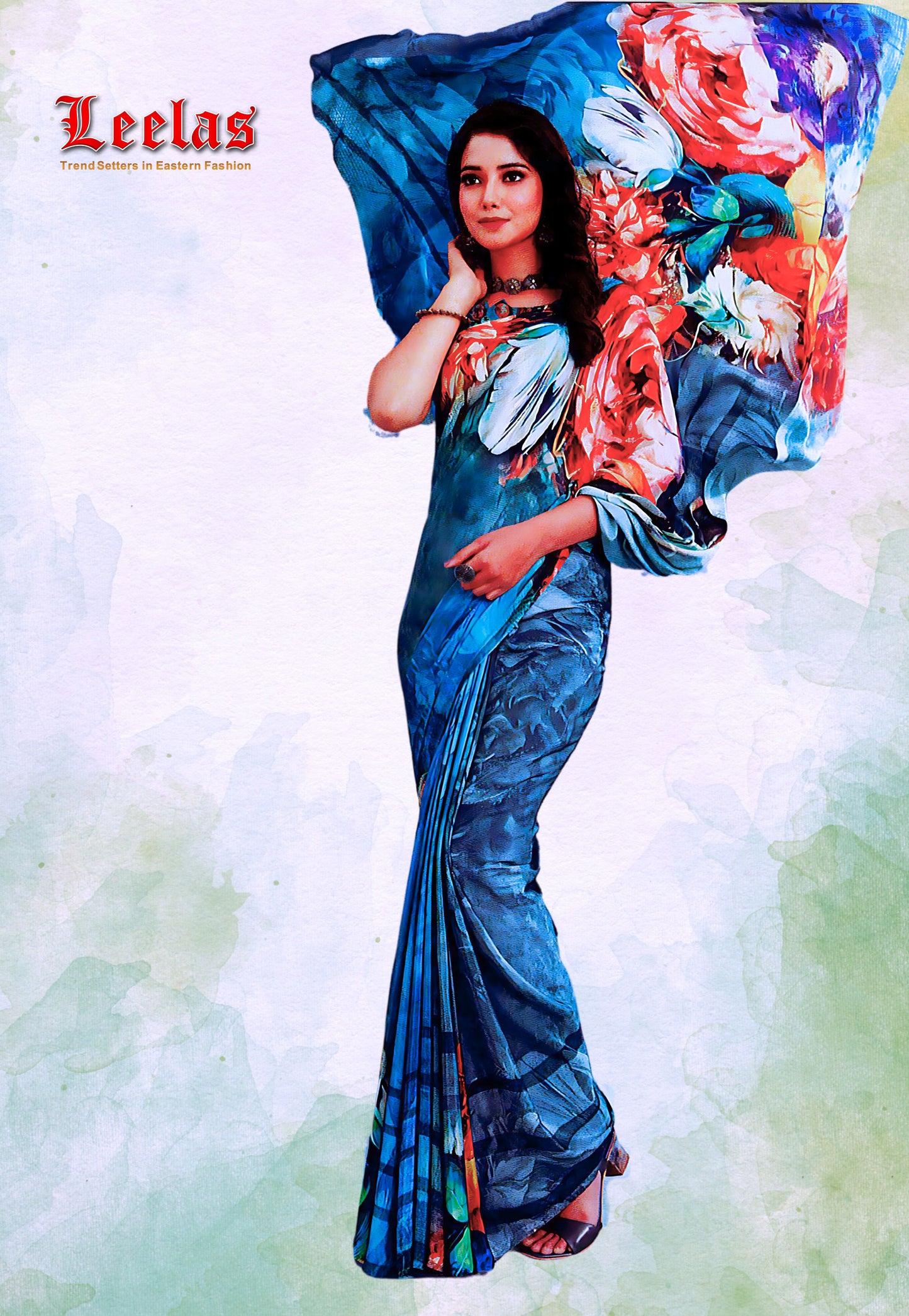 Grey, yellow, and orange multi-coloured printed crepe silk floral saree