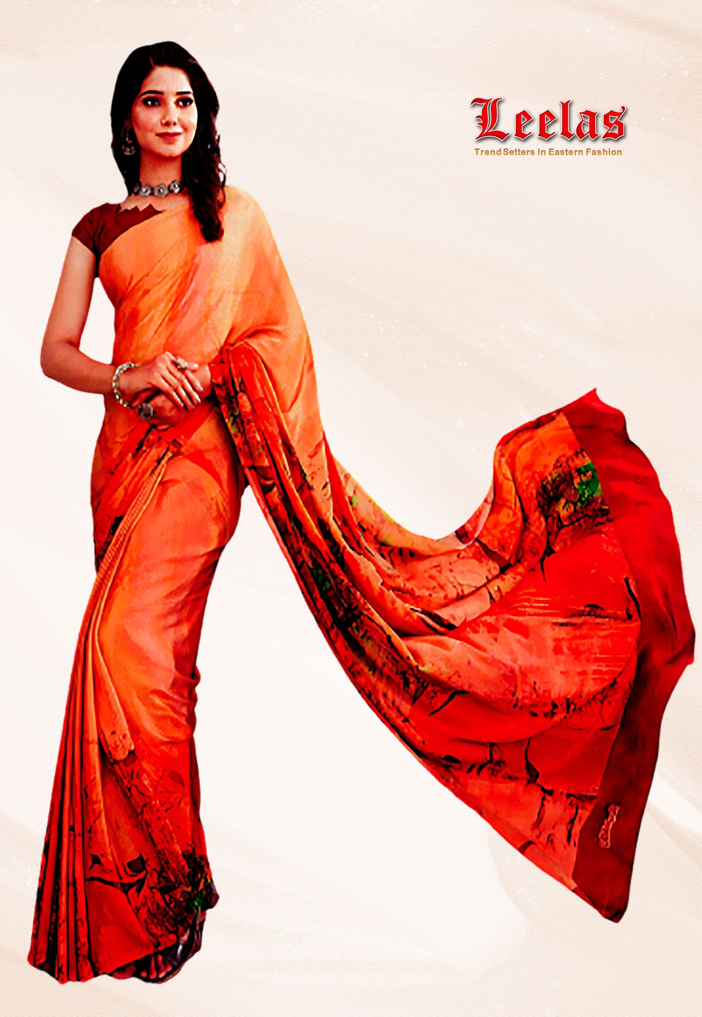 Orange and maroon printed crepe floral saree