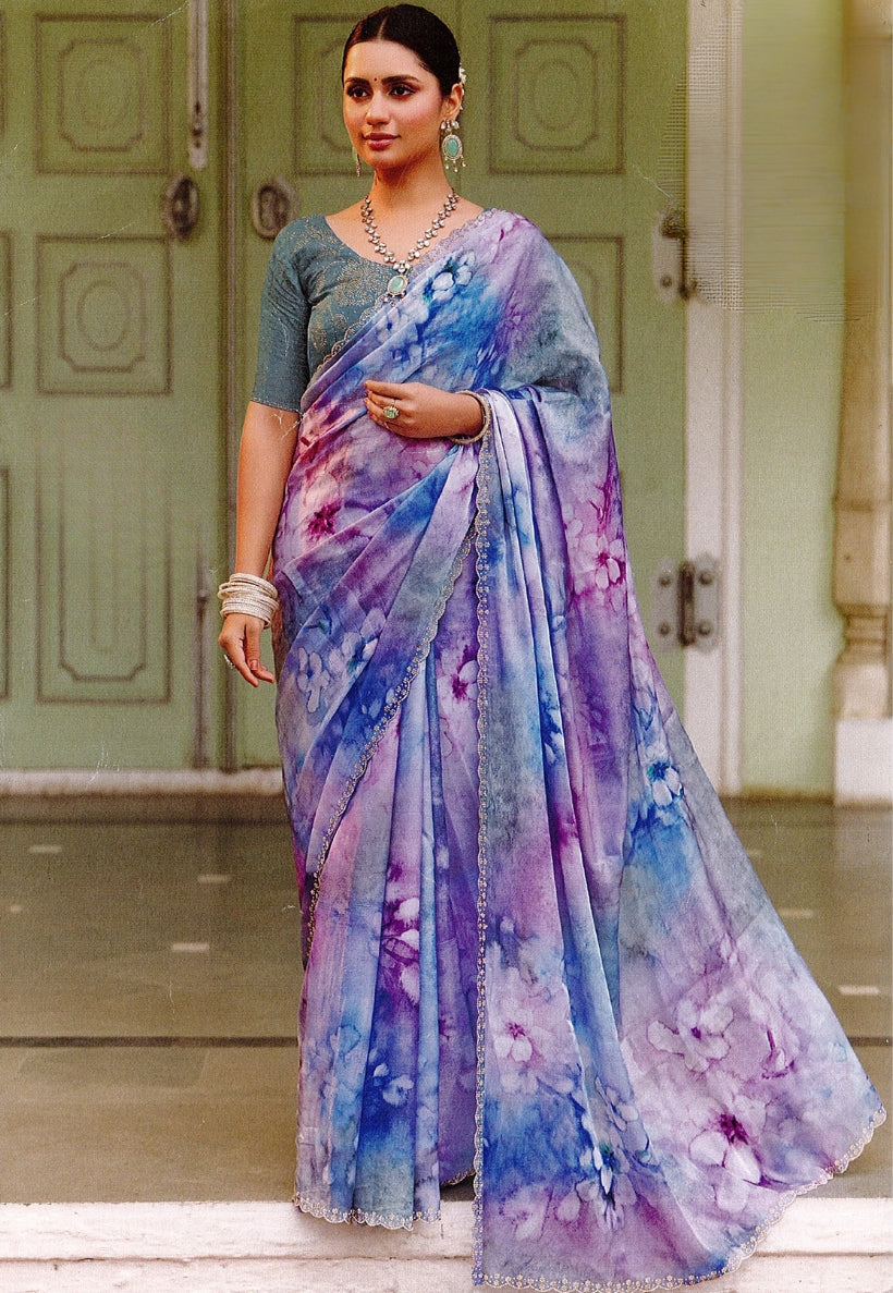 Lilac floral tissue silk saree, stonework border with contrasting blouse piece