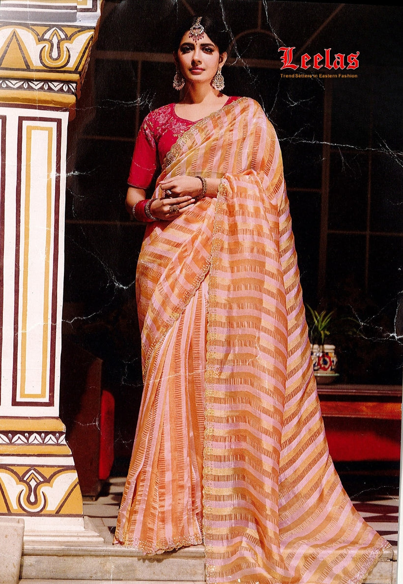 Peach tissue silk saree, stonework border with contrasting blouse piece