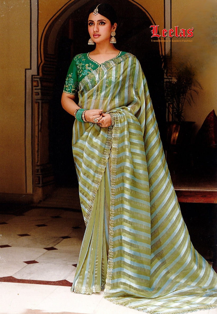 Olive green tissue silk saree, stonework border with contrasting blouse piece
