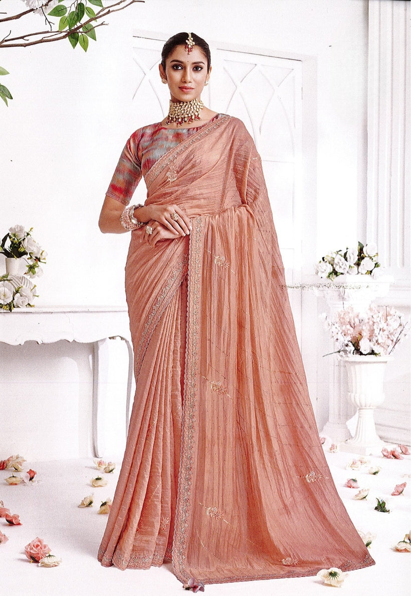 Coral art silk saree, embroidered border with contrasting blouse piece