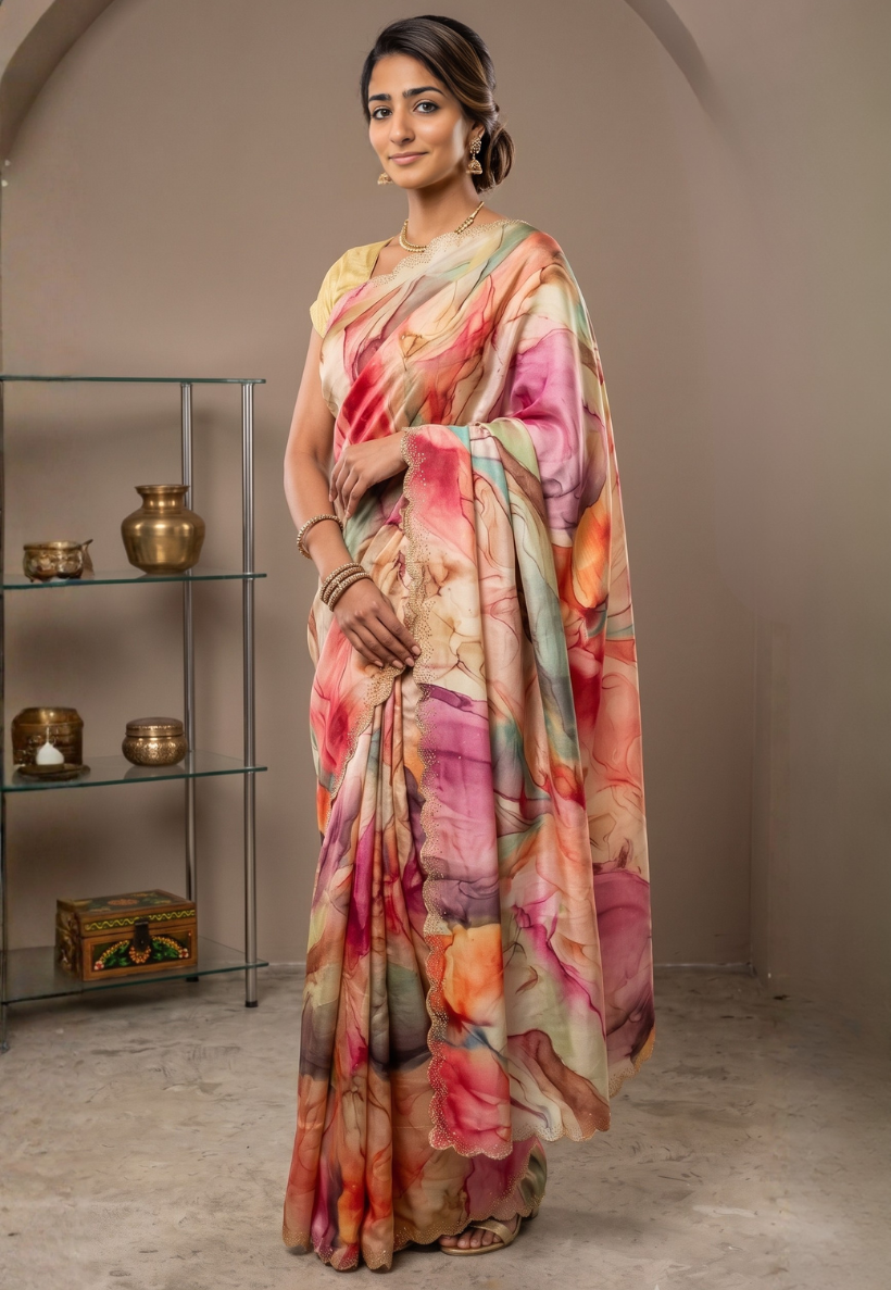 Organza saree in shades of soft pink, deep purple, terracotta and warm orange with stonework border