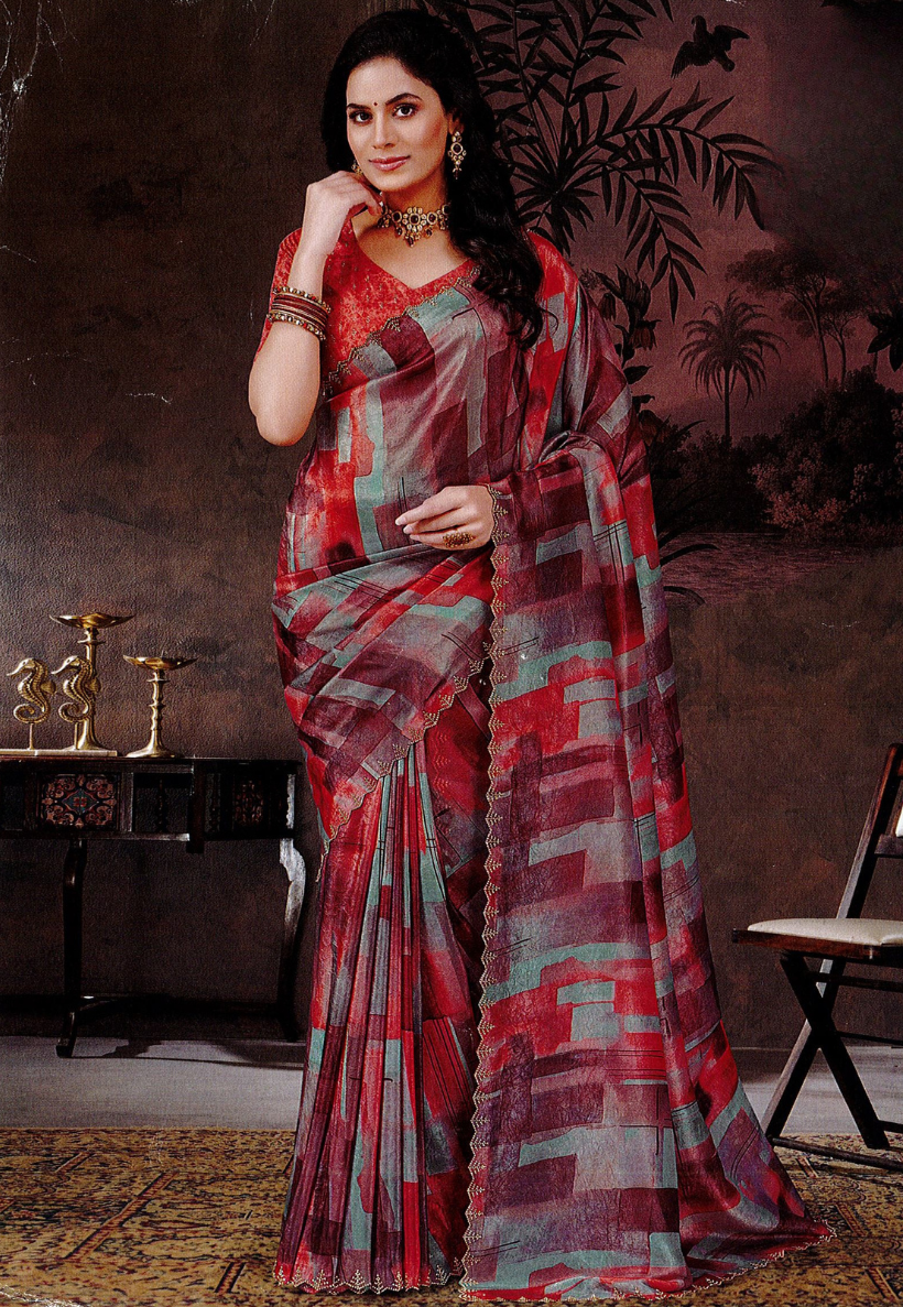 Georgette stonework border saree with shades of blue, grey and wine