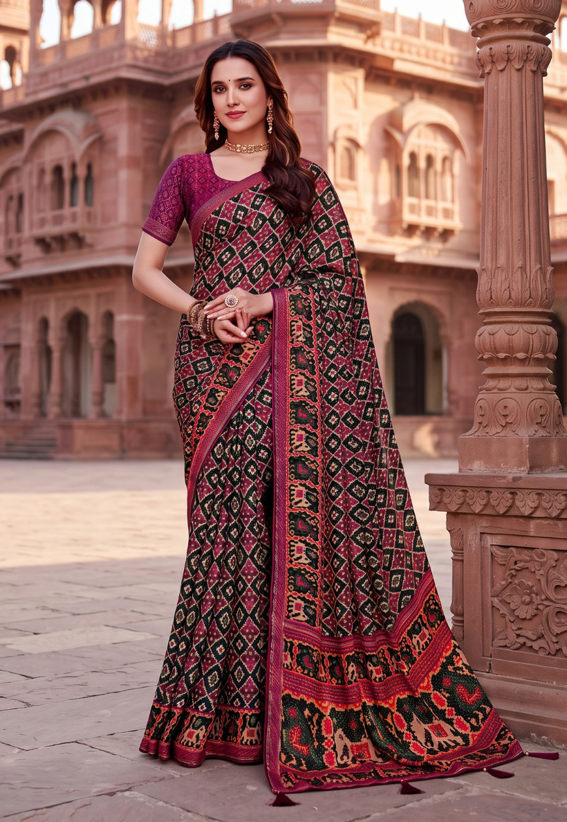 Traditional patola shamu silk saree in magenta plum and jet black with stonework