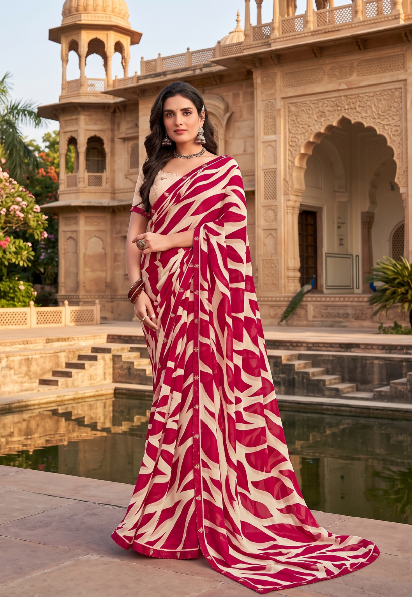 Crimson red and beige chiffon saree in soft gradient pattern