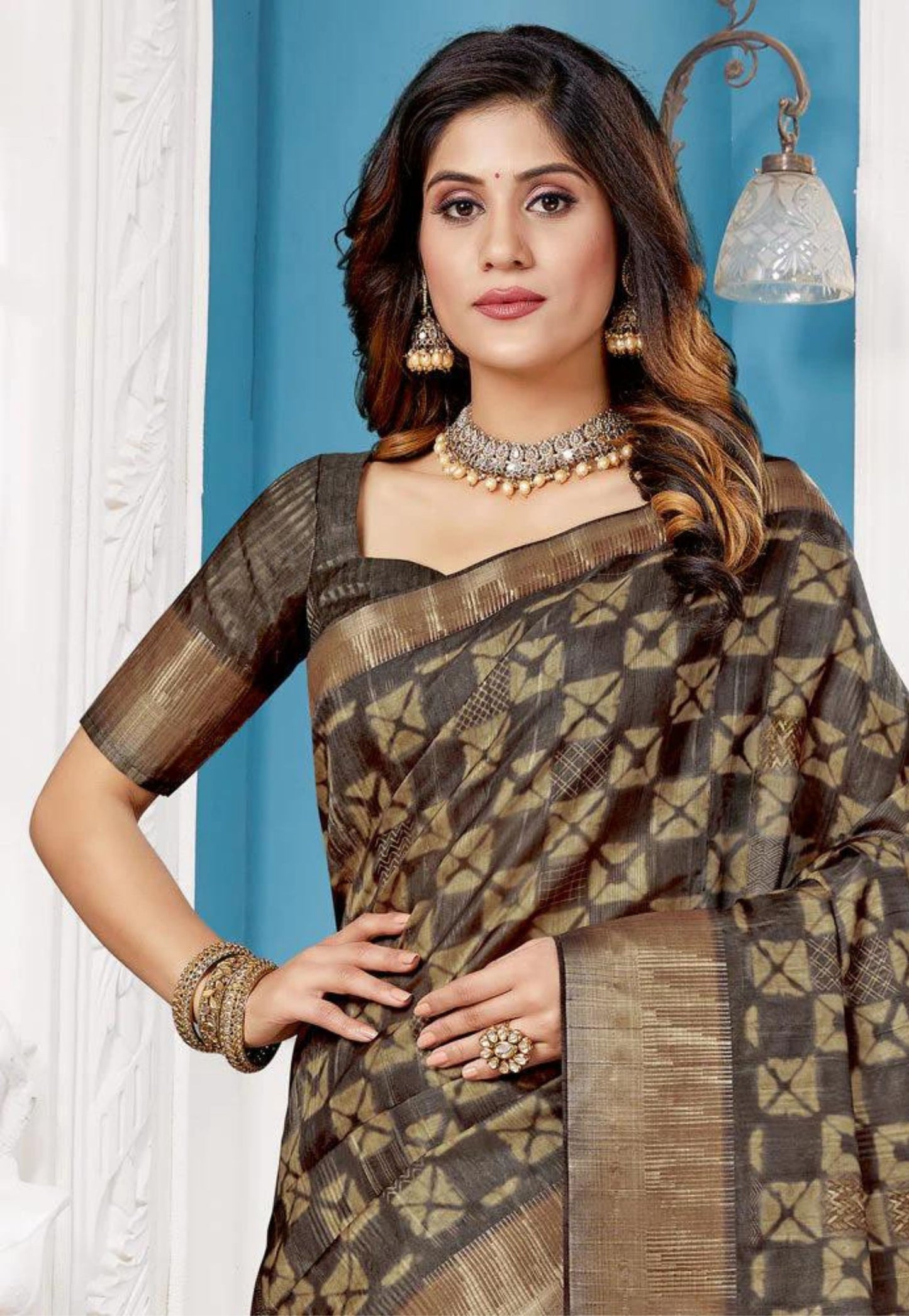 Brown, beige and gold printed check silk saree