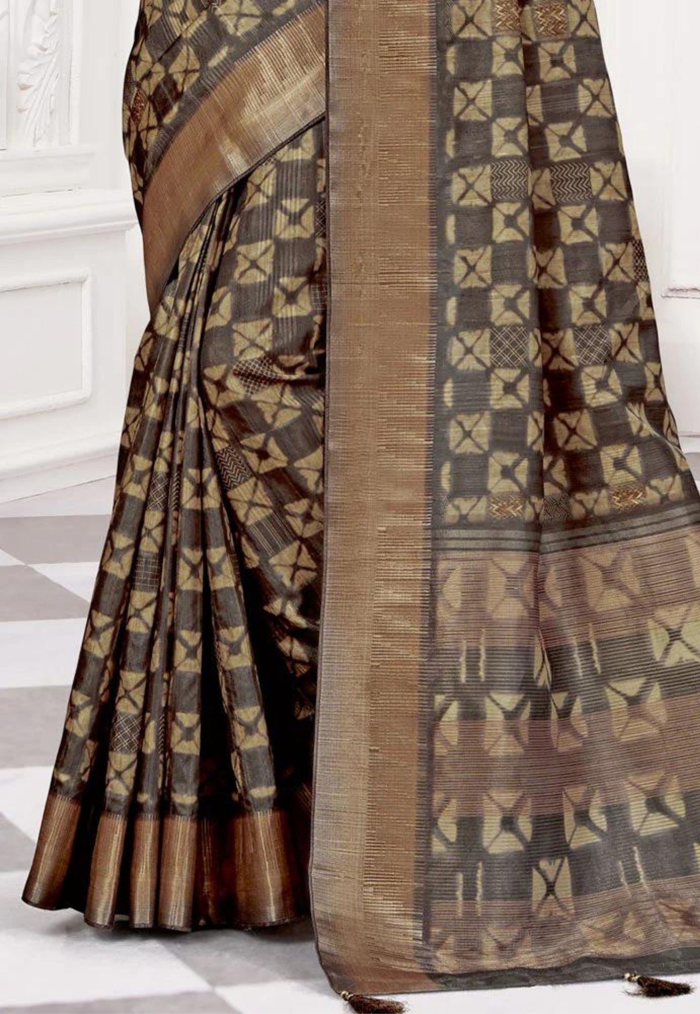 Brown, beige and gold printed check silk saree