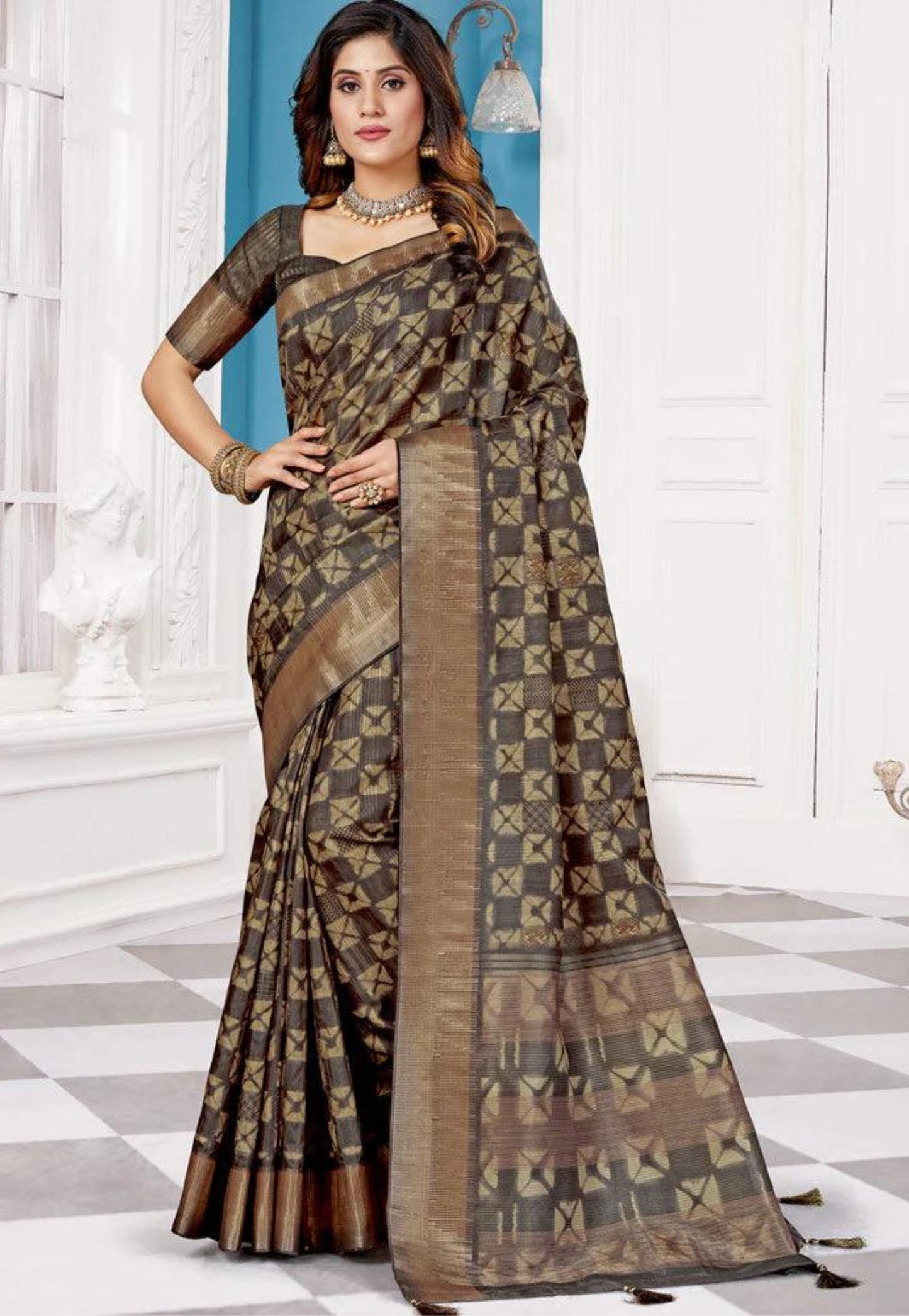 Brown, beige and gold printed check silk saree