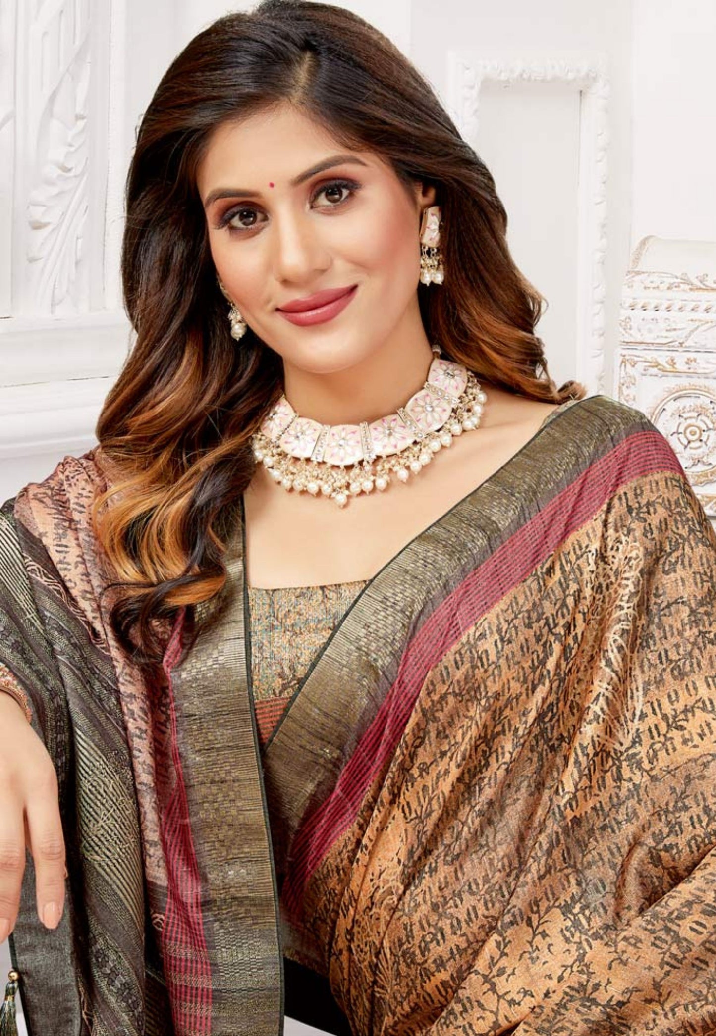 Brown, beige, maroon and gold printed silk saree
