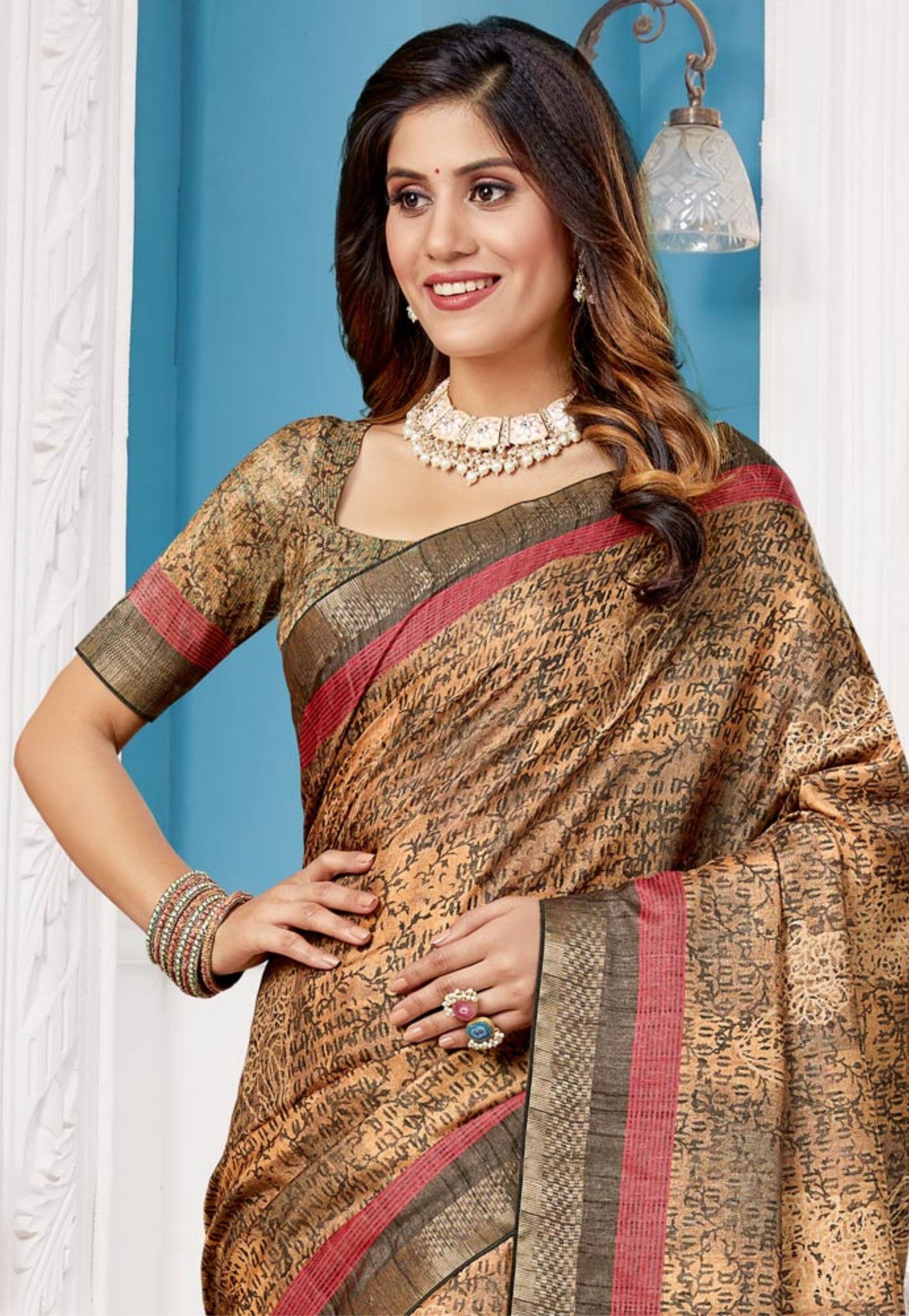 Brown, beige, maroon and gold printed silk saree