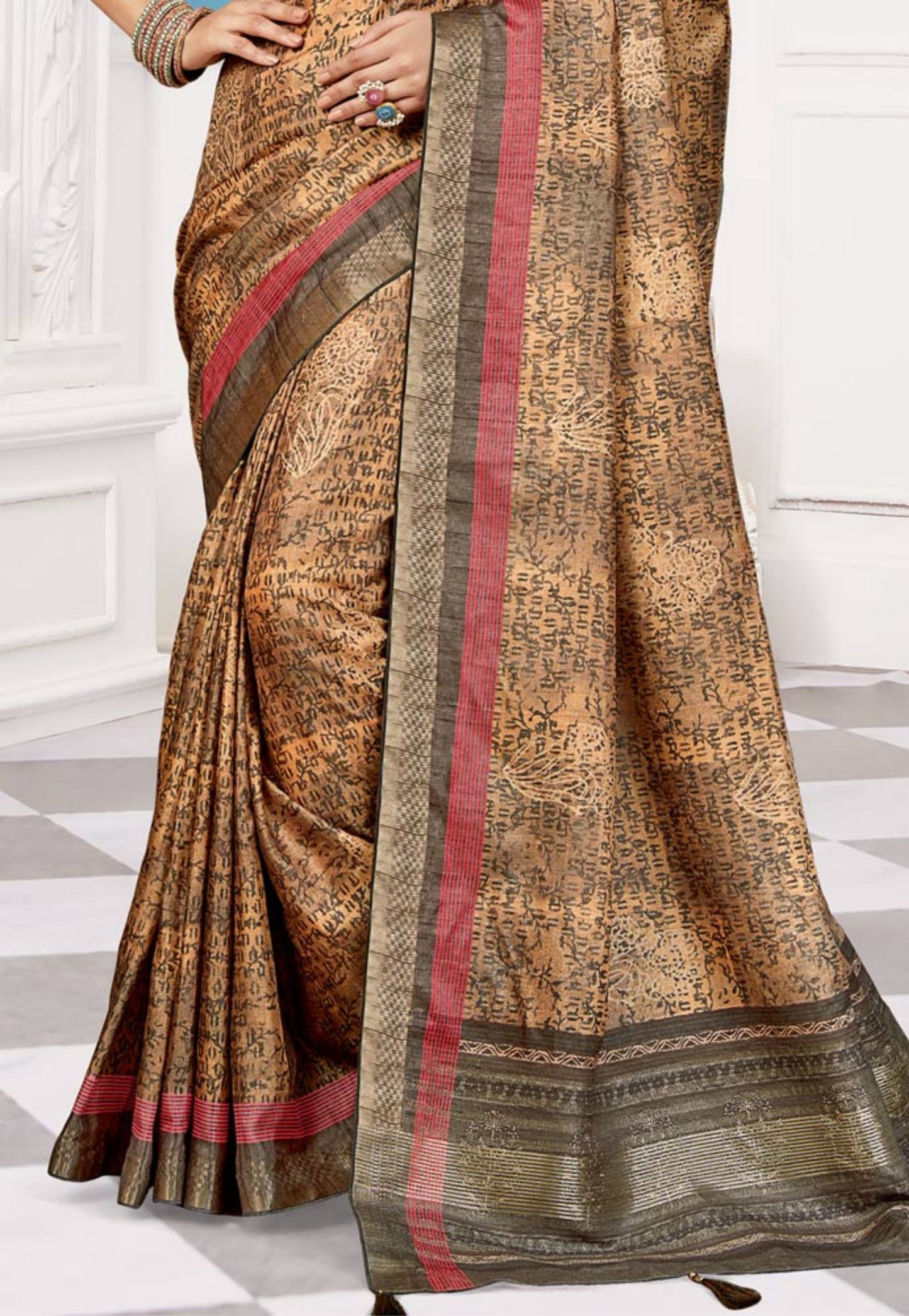 Brown, beige, maroon and gold printed silk saree