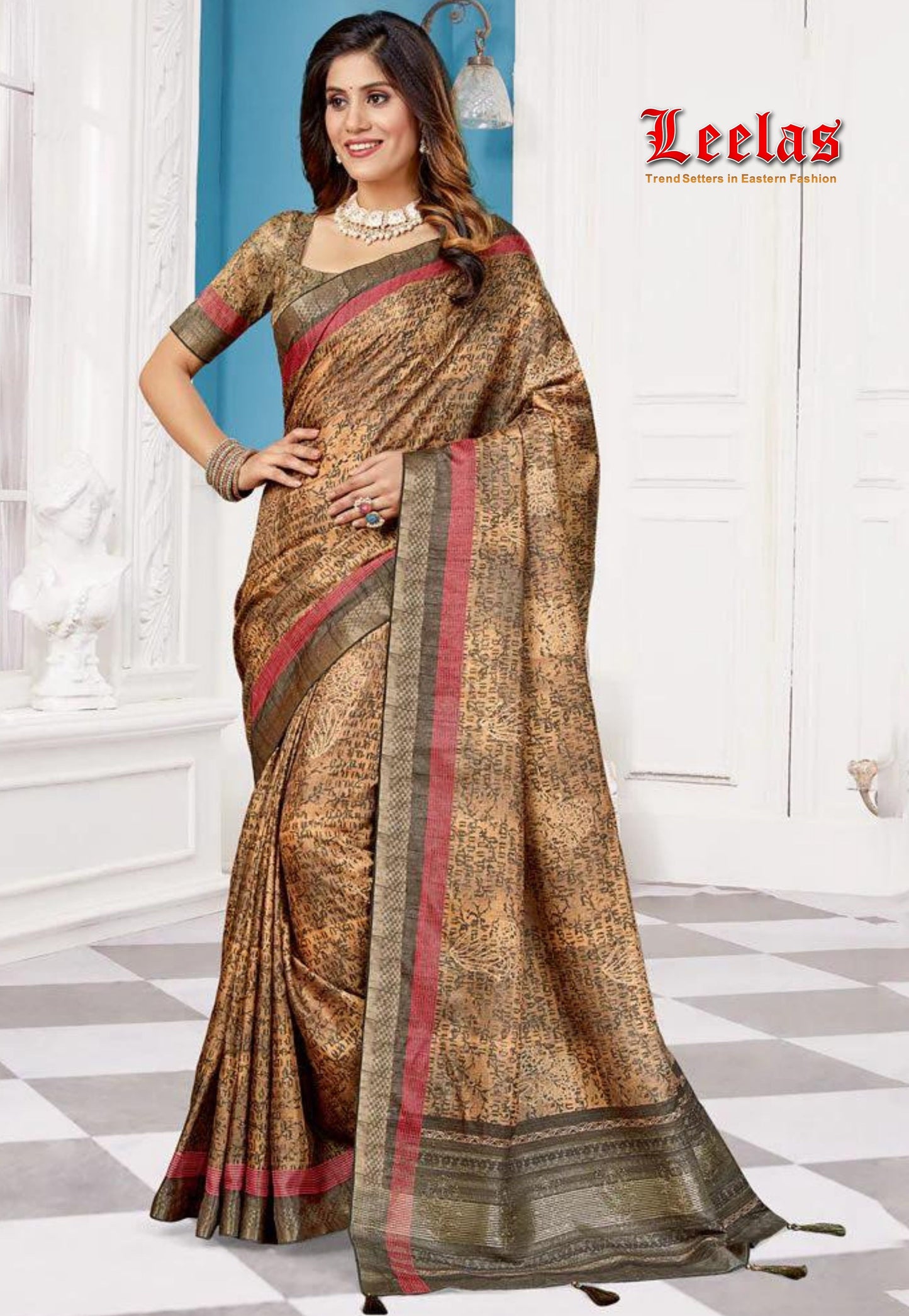 Brown, beige, maroon and gold printed silk saree