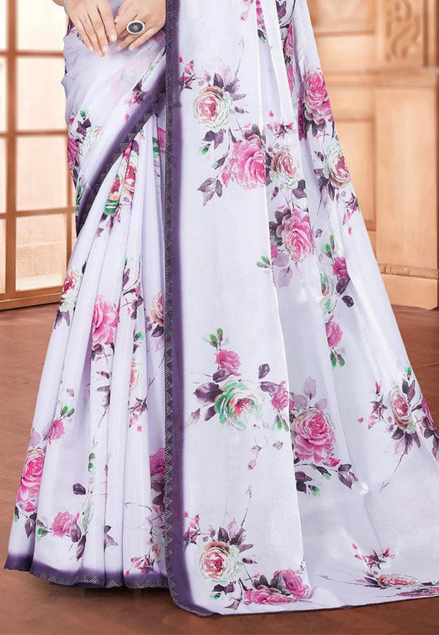 Lilac, wine, and pink chiffon floral printed with stone work saree