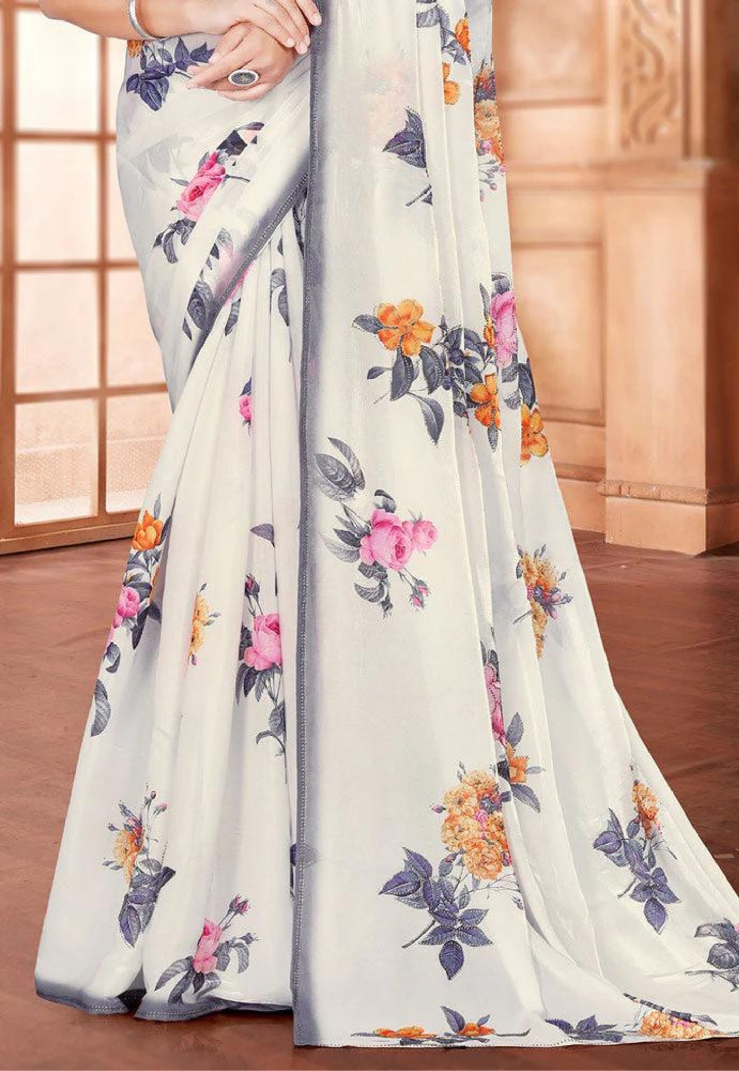 White, grey and floral printed chiffon saree with beadwork