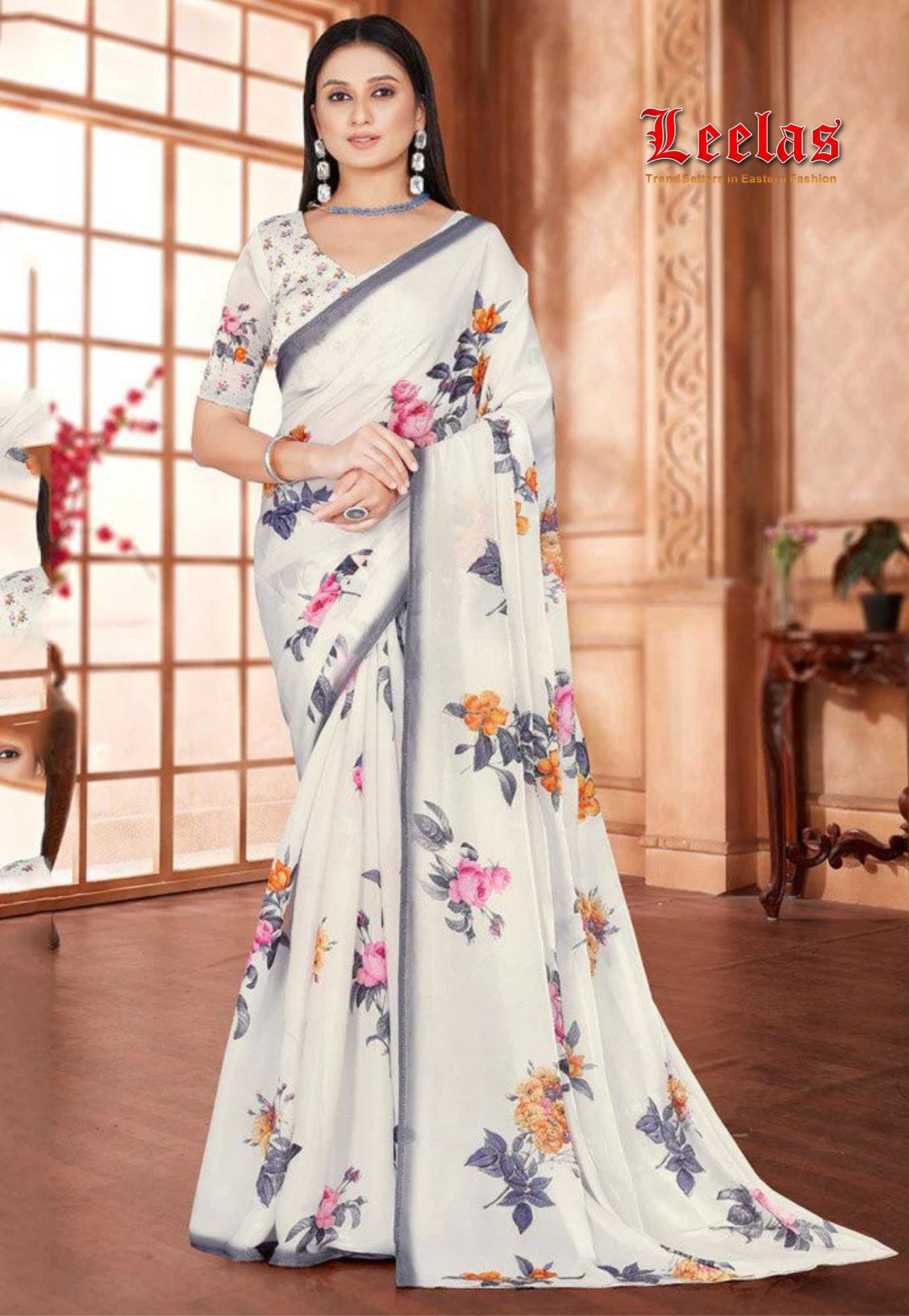 White, grey and floral printed chiffon saree with beadwork