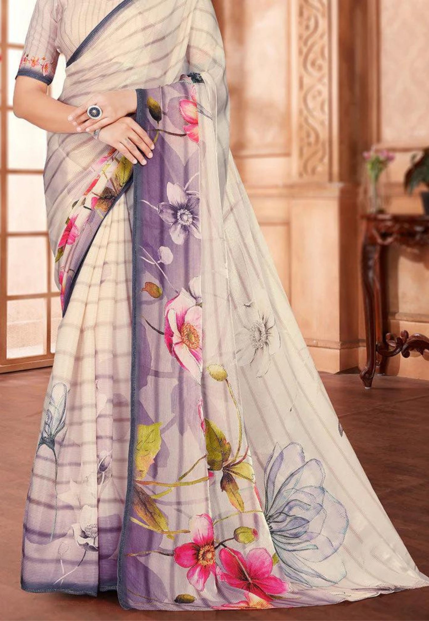 Light peach and purple floral printed silk chiffon saree with stone work