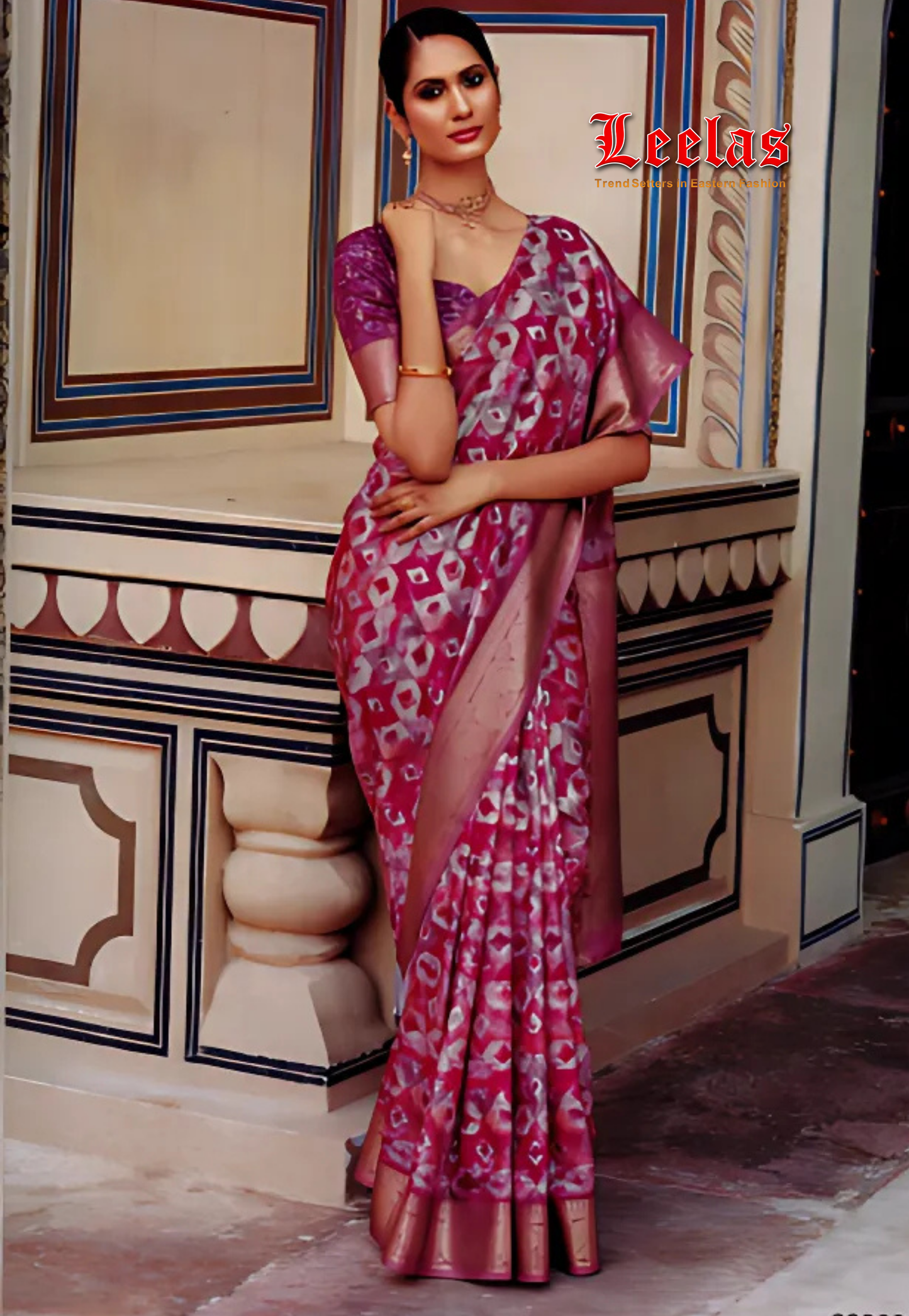 Printed silk saree with dusk and gold border
