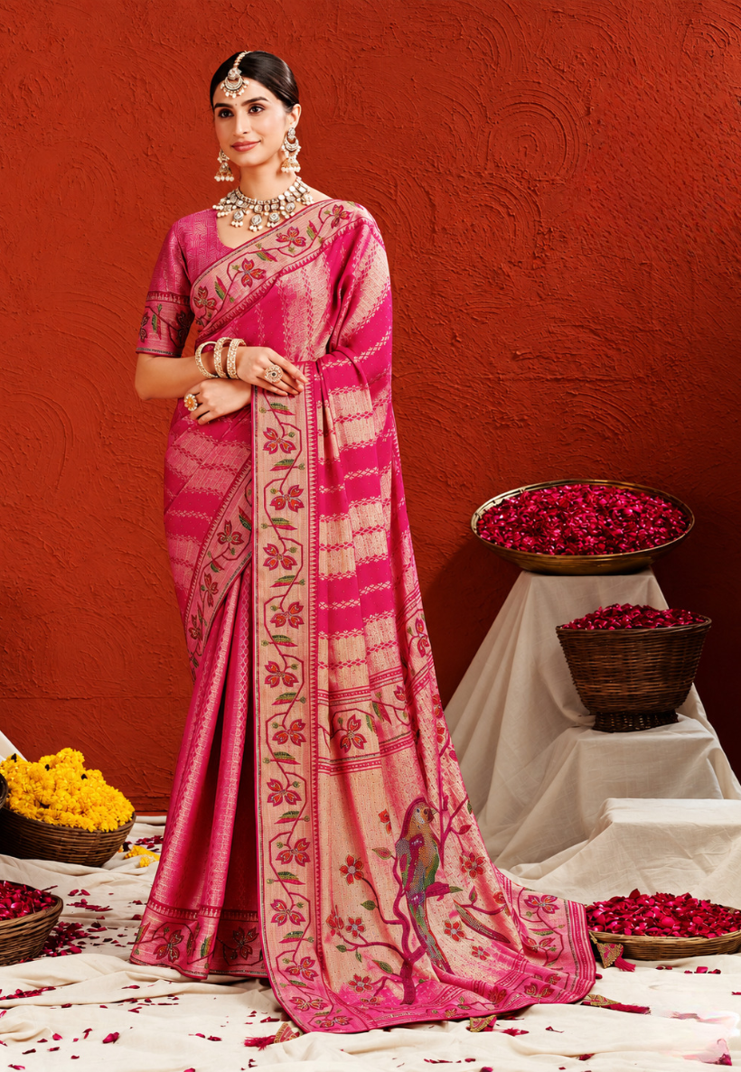 Magenta pink georgette stonework saree