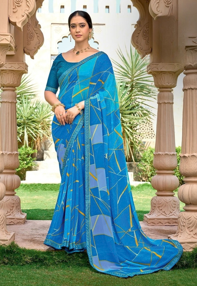 Abstract deep blue and yellow chiffon saree