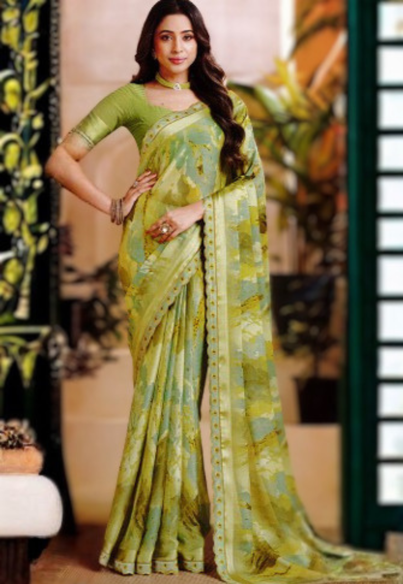 Soft abstract watercolour print saree in yellow gold, muted sage and olive with stonework
